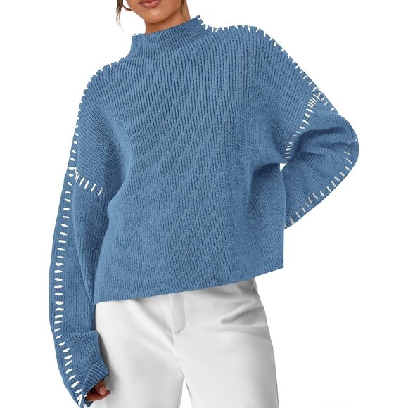 Prettygarden Women's Blue Fall Long Sleeve Mock Neck Oversized Chunky Sweaters - Picture 1 of 8
